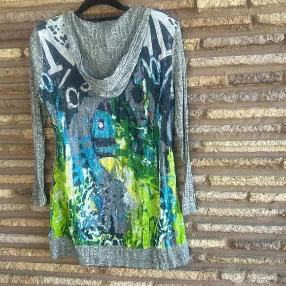 Elysee 26 Bold Green Blue Gray Print Hooded Long Sleeve Sweater Size Large - Picture 4 of 10